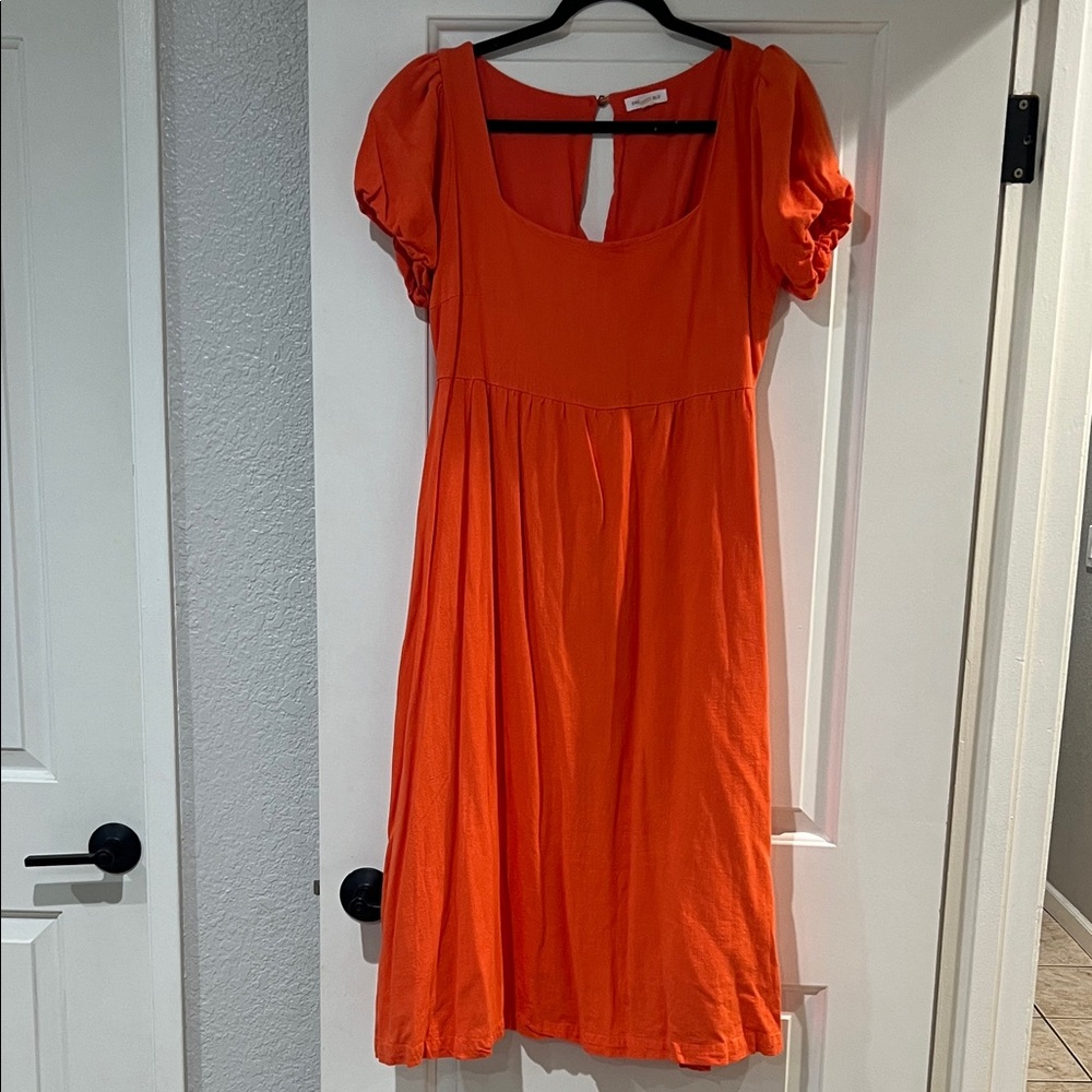 Vibrant Orange Midi Dress with Puff Sleeves